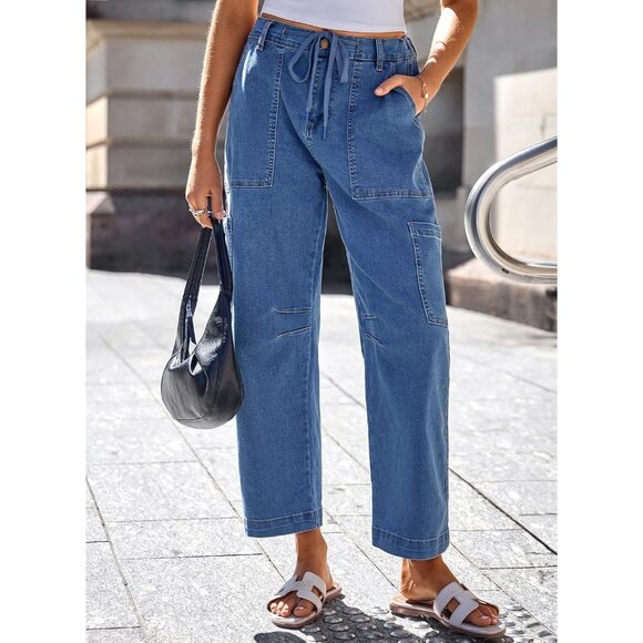 Women's High Waisted Loose Cargo Denim Pants with Pockets - Size 6 Sky Blue - Picture 3 of 8